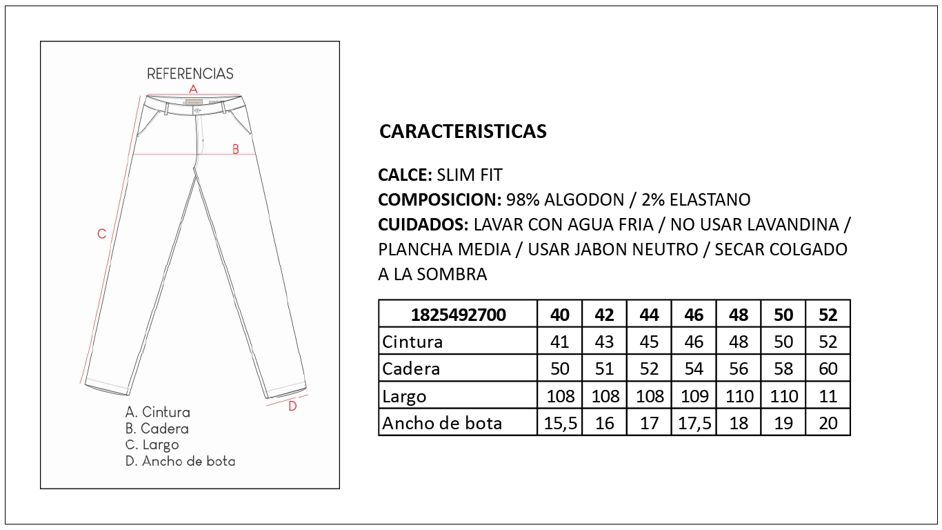 Tabla de Talles Pantal&oacute;n Slim Hombre Britches
